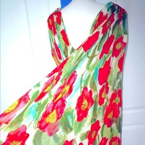 Vintage 60s Silk Chiffon Poppy Print Party Dress with Shoulder TRAIN 36